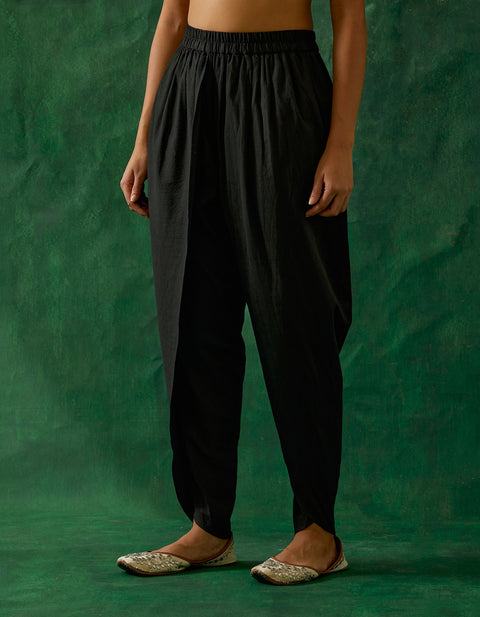 Premium Front Slit Black Zari Silk Kurta, with Cotton Glaze Dhoti Salwar (Set of 2) - By Vinusto
