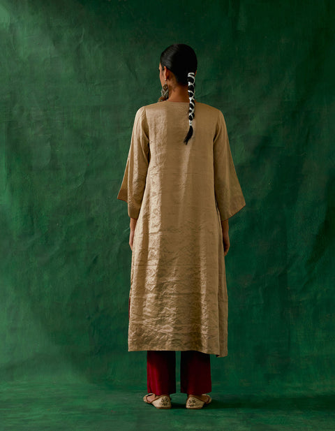 Premium Beige Gold Kaftan Kurta in Zari Silk with Chanderi Pants (Set of 2) - By Vinusto
