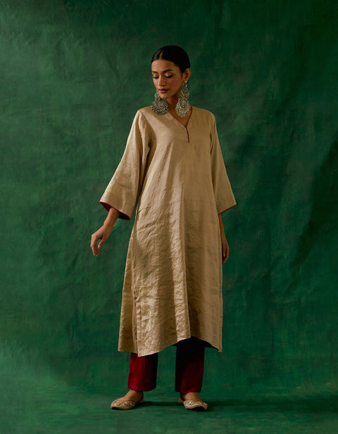 Shop Beige Gold Kaftan Kurta in Zari Silk with Chanderi Pants (Set of 2) - By Vinusto
