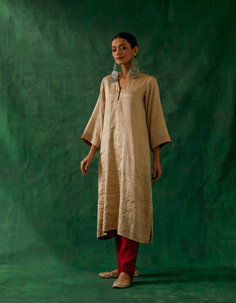 Order Beige Gold Kaftan Kurta in Zari Silk with Chanderi Pants (Set of 2) - By Vinusto
