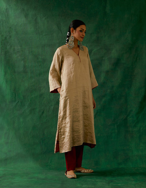 Buy Beige Gold Kaftan Kurta in Zari Silk with Chanderi Pants (Set of 2) - By Vinusto
