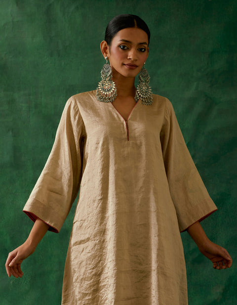 Handcrafted Beige Gold Kaftan Kurta in Zari Silk with Chanderi Pants (Set of 2) - By Vinusto
