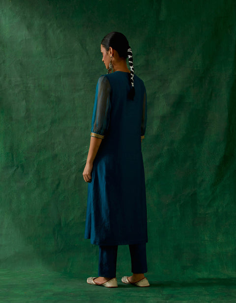 Premium High Slit Kurta with Embroidered Lace & Pants in Teal Blue Chanderi Handloom (Set of 2) - By Vinusto
