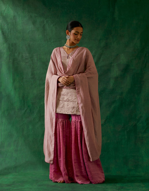 Shop Zari Silk Short Kurta with Chanderi Handloom Dupatta and Gharara (Set of 3) - By Vinusto 

