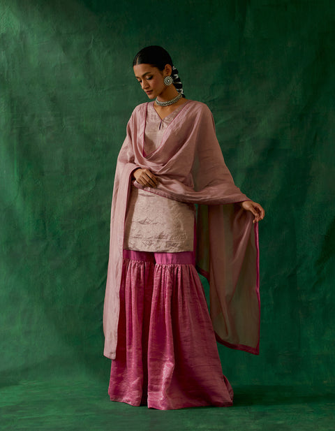 Buy Zari Silk Short Kurta with Chanderi Handloom Dupatta and Gharara (Set of 3) - By Vinusto 
