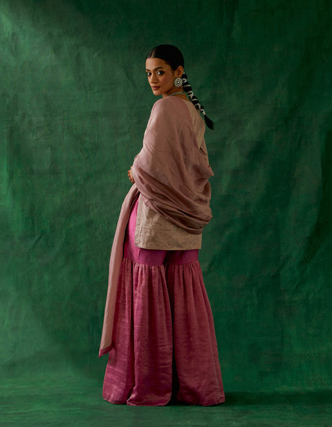 Designer Zari Silk Short Kurta with Chanderi Handloom Dupatta and Gharara (Set of 3) - By Vinusto 
