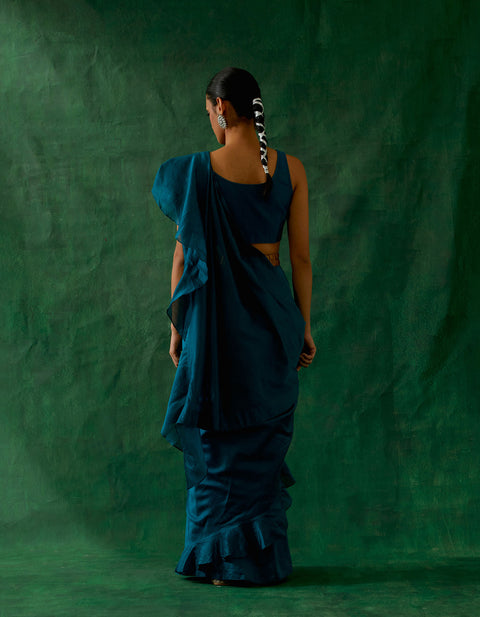 Pure- Luxury Coord Set-Ready To Wear Ruffled Saree & Blouse In Teal Blue Chanderi Handloom With Gold Zari Belt (Set Of 3) - By Vinusto