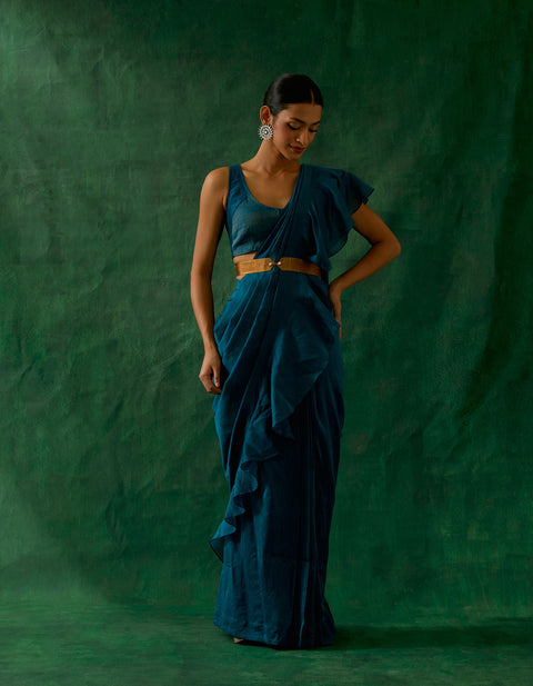 Order Coord Set-Ready To Wear Ruffled Saree & Blouse In Teal Blue Chanderi Handloom With Gold Zari Belt (Set Of 3) - By Vinusto