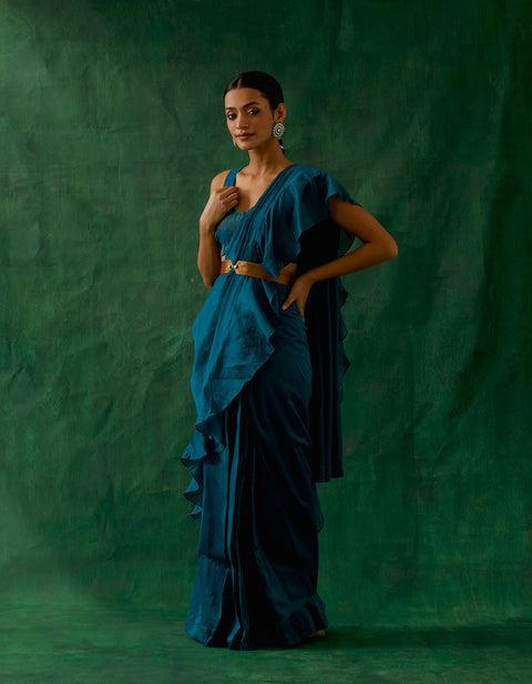 Buy Coord Set-Ready To Wear Ruffled Saree & Blouse In Teal Blue Chanderi Handloom With Gold Zari Belt (Set Of 3) - By Vinusto