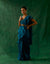 Coordinate Set-Ready to Wear Ruffled Saree & Blouse in Teal Blue Chanderi Handloom with Gold Zari Belt (Set of 3)