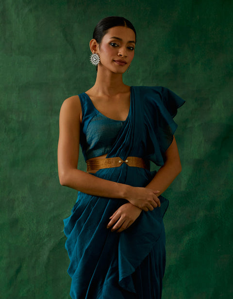 Shop Coord Set-Ready To Wear Ruffled Saree & Blouse In Teal Blue Chanderi Handloom With Gold Zari Belt (Set Of 3)at Best Price online - By Vinusto