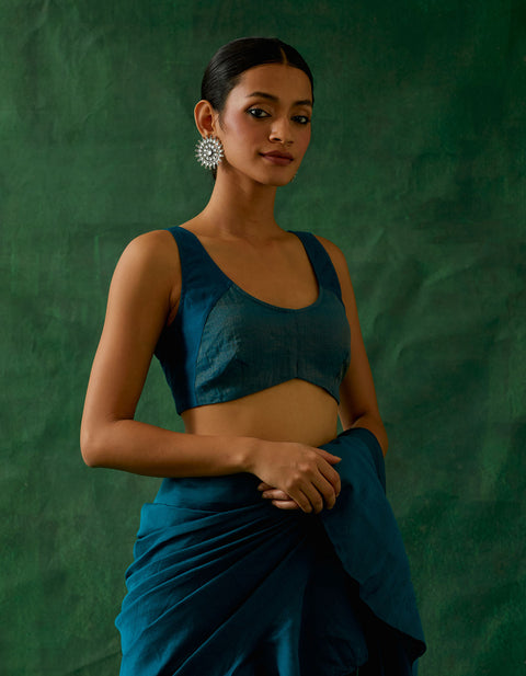 Designer Coord Set-Ready To Wear Ruffled Saree & Blouse In Teal Blue Chanderi Handloom With Gold Zari Belt (Set Of 3) - By Vinusto