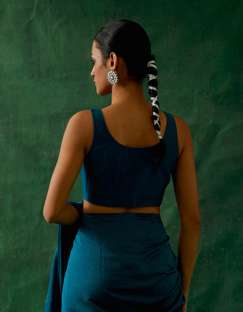 Best Coord Set-Ready To Wear Ruffled Saree & Blouse In Teal Blue Chanderi Handloom With Gold Zari Belt (Set Of 3) - By Vinusto