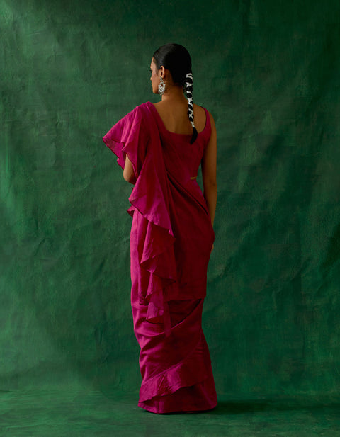 Coordinate Set-Ready to Wear Ruffled Saree & Blouse in Hot Pink Chanderi Handloom with Gold Zari Belt (Set of 3)