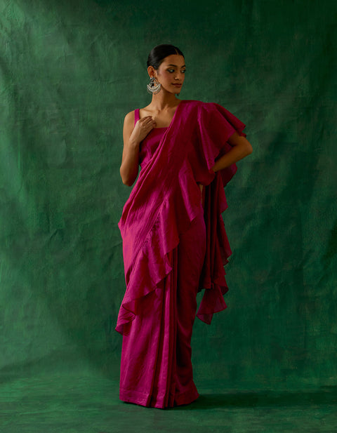 Shop Ready-to-Wear Ruffled Saree & Blouse in Hot Pink Chanderi Handloom with Gold Zari Belt – Vinusto

