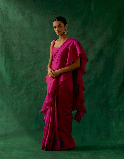 Coordinate Set-Ready to Wear Ruffled Saree & Blouse in Hot Pink Chanderi Handloom with Gold Zari Belt (Set of 3)