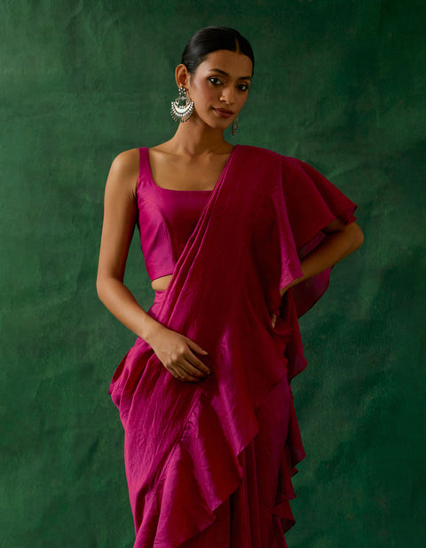 Coordinate Set-Ready to Wear Ruffled Saree & Blouse in Hot Pink Chanderi Handloom with Gold Zari Belt (Set of 3)