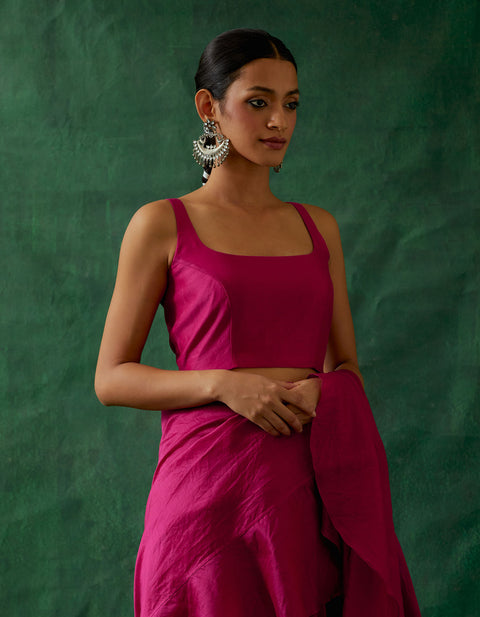 Luxury Ready-to-Wear Ruffled Saree & Blouse in Hot Pink Chanderi Handloom with Gold Zari Belt – Vinusto

