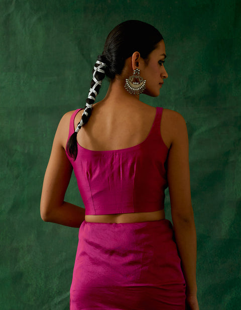 Coordinate Set-Ready to Wear Ruffled Saree & Blouse in Hot Pink Chanderi Handloom with Gold Zari Belt (Set of 3)