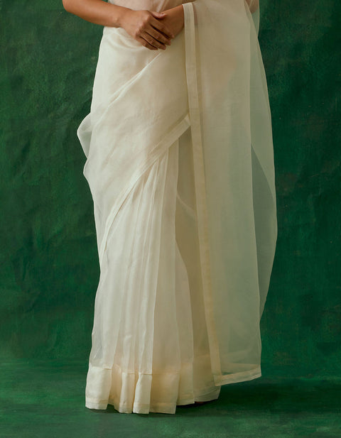 Handcrafted & Embroidered Ivory Katan Silk Saree