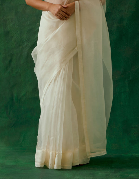 Designer Coord Set- Handcrafted & Embroidered Ivory Katan Silk Saree With Zari Silk Blouse (Set Of 2) - By Vinusto