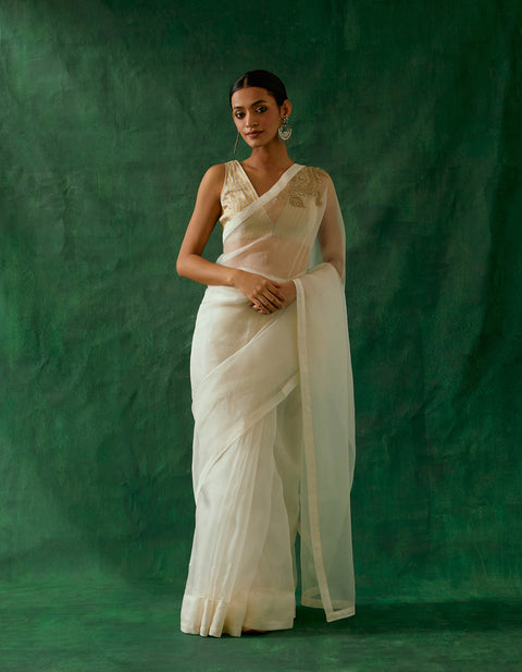 Coordinate Set- Handcrafted & Embroidered Ivory Katan Silk Saree with Zari Silk Blouse (Set of 2)