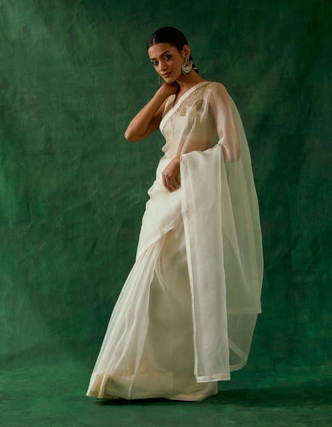 Handcrafted & Embroidered Ivory Katan Silk Saree