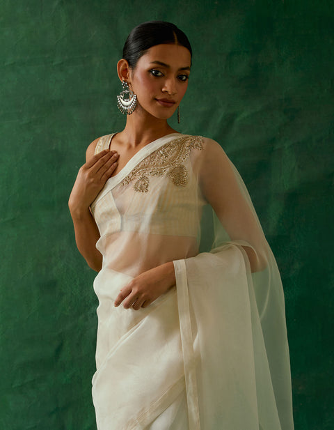 Coordinate Set- Handcrafted & Embroidered Ivory Katan Silk Saree with Zari Silk Blouse (Set of 2)