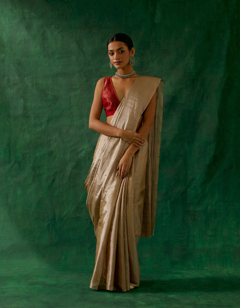 Order Coord Set- Handcrafted Beige Gold Zari Silk Saree With Red Chanderi Blouse (Set Of 2) - By Vinusto