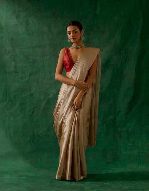 Coordinate Set- Handcrafted Beige Gold Zari Silk Saree with Red Chanderi Blouse (Set of 2)