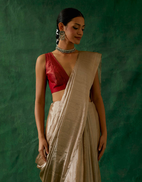 Shop Handcrafted Beige Gold Zari Silk Saree with Red Chanderi Blouse (Set of 2) | Vinusto
