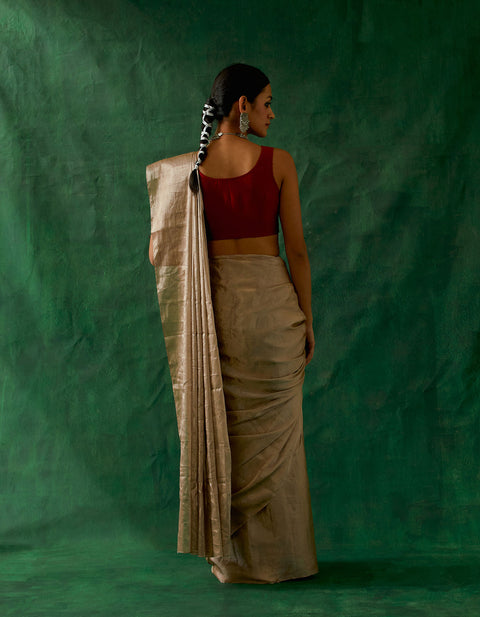 Best Coord Set- Handcrafted Beige Gold Zari Silk Saree With Red Chanderi Blouse (Set Of 2) - By Vinusto