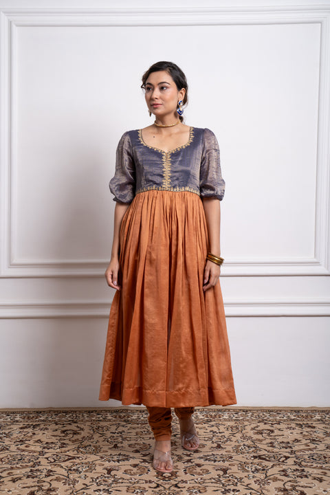 Shop Blue & Saffron Brown Embroidered Anarkali with Cotton Glaze Churidar (Set of 2) | Vinusto