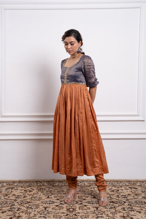 Buy Blue & Saffron Brown Embroidered Anarkali with Cotton Glaze Churidar (Set of 2) | Vinusto