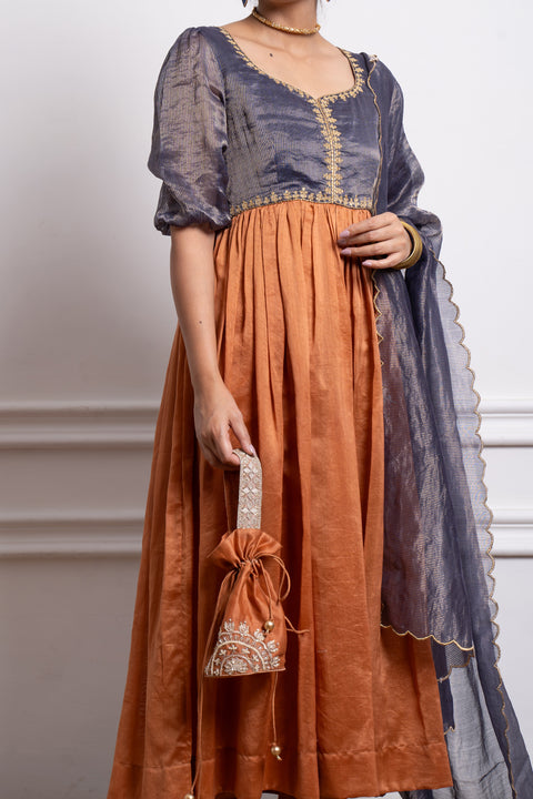 Order Blue & Saffron Brown Embroidered Anarkali with Cotton Glaze Churidar (Set of 2) | Vinusto