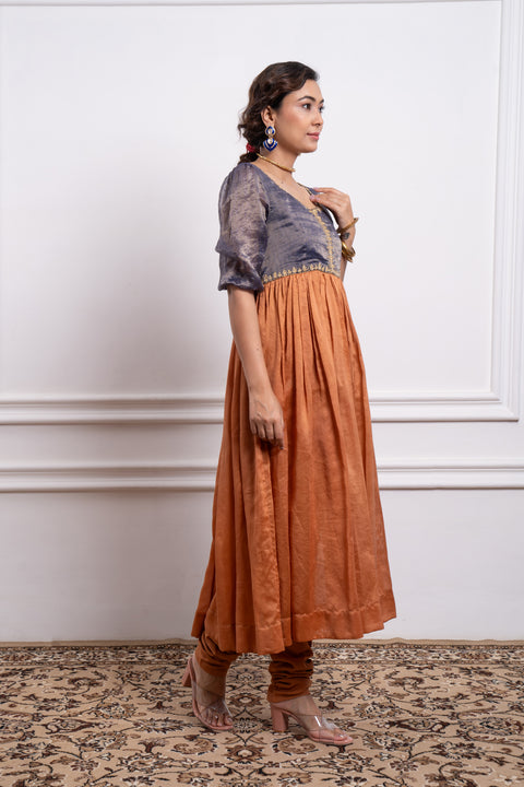 Luxury Blue & Saffron Brown Embroidered Anarkali with Cotton Glaze Churidar (Set of 2) | Vinusto