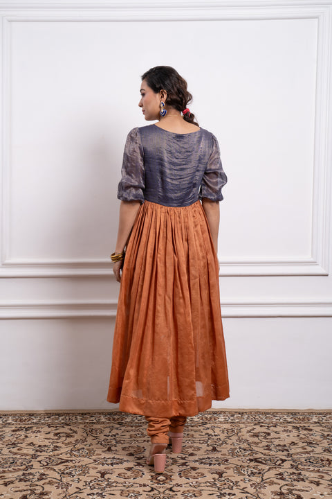 Premium Blue & Saffron Brown Embroidered Anarkali with Cotton Glaze Churidar (Set of 2) | Vinusto