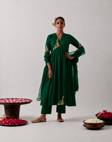 Green Chanderi Anarkali Set with Pants & Green Silk Dupatta (set of 3)