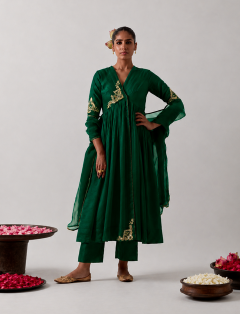 Green Chanderi Anarkali Set with Pants & Green Silk Dupatta (set of 3)