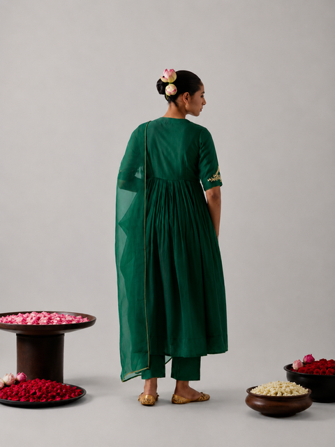 Green Chanderi Anarkali Set with Pants & Green Silk Dupatta (set of 3)