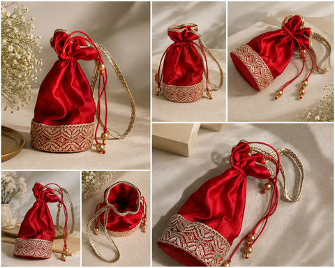 Embroidered Red Silk Potli Bag