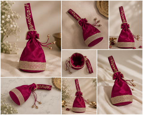 Embroidered Pink Silk Potli Bag