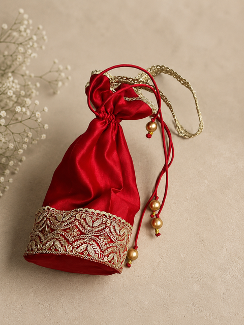 Embroidered Red Silk Potli Bag