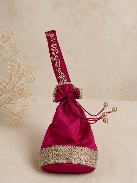 Embroidered Pink Silk Potli Bag
