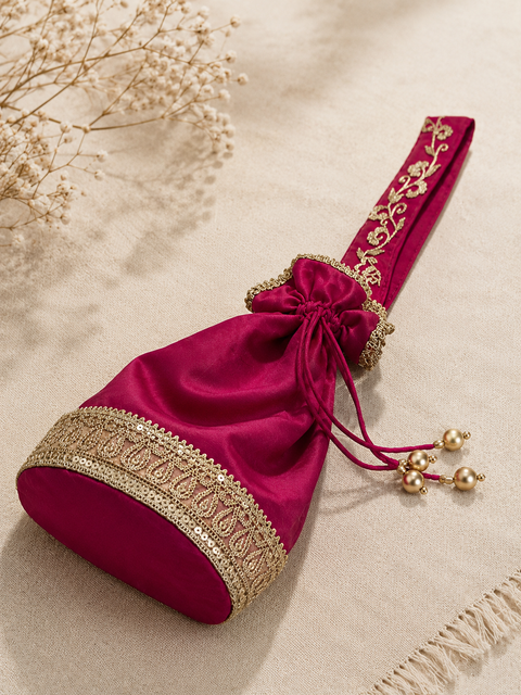 Embroidered Pink Silk Potli Bag