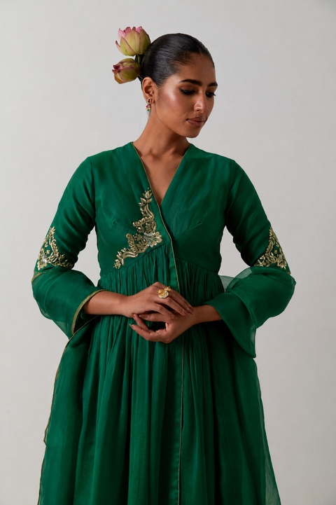 Green Chanderi Anarkali Set with Pants & Green Silk Dupatta (set of 3)