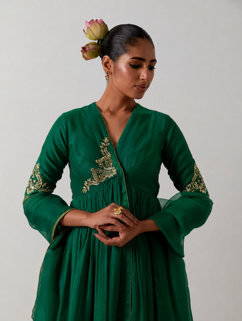 Green Chanderi Anarkali Set with Pants & Green Silk Dupatta (set of 3)