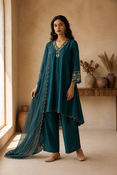Teal High Low Embroidered Chanderi Kurta Set with Tissue Dupatta (Set of 3)