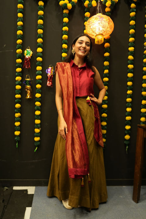Designer Coord Set- Red Halter Neck Top, Flared Skirt In Tobacco Brown With Red & Gold Stripe Dupatta In Chanderi Hand Loom (Set Of 3) - By Vinusto