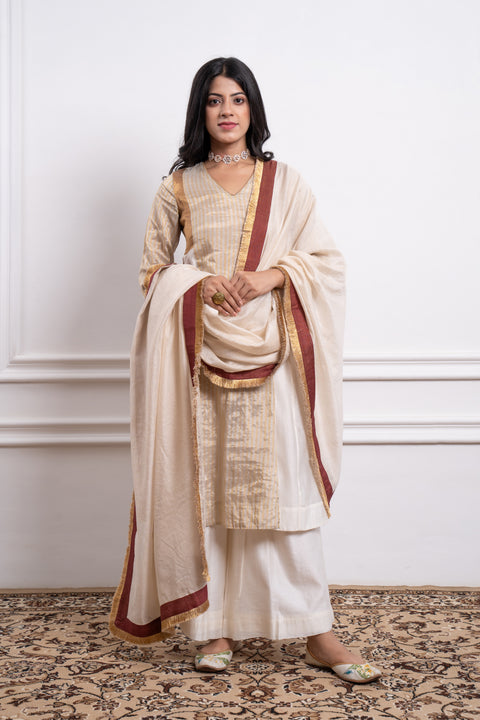 Color Block Gold Zari Kurta with Woven Chanderi Dupatta & Palazzo (Set of 3)